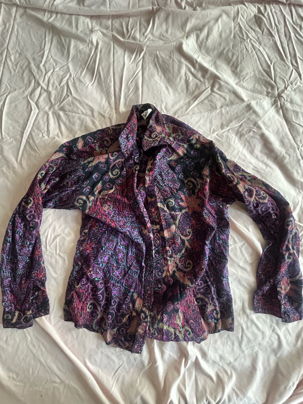 Printed Long-Sleeve Button-Up Blouse in Purple Floral